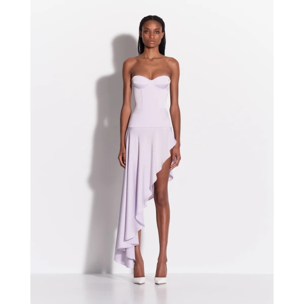 Alex Perry Strapless Cupped Longline Asymmetric Dress in Satin Crepe, Lavender