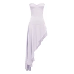 Alex Perry Strapless Cupped Longline Asymmetric Dress in Satin Crepe, Lavender | Midi Dresses | Coveti