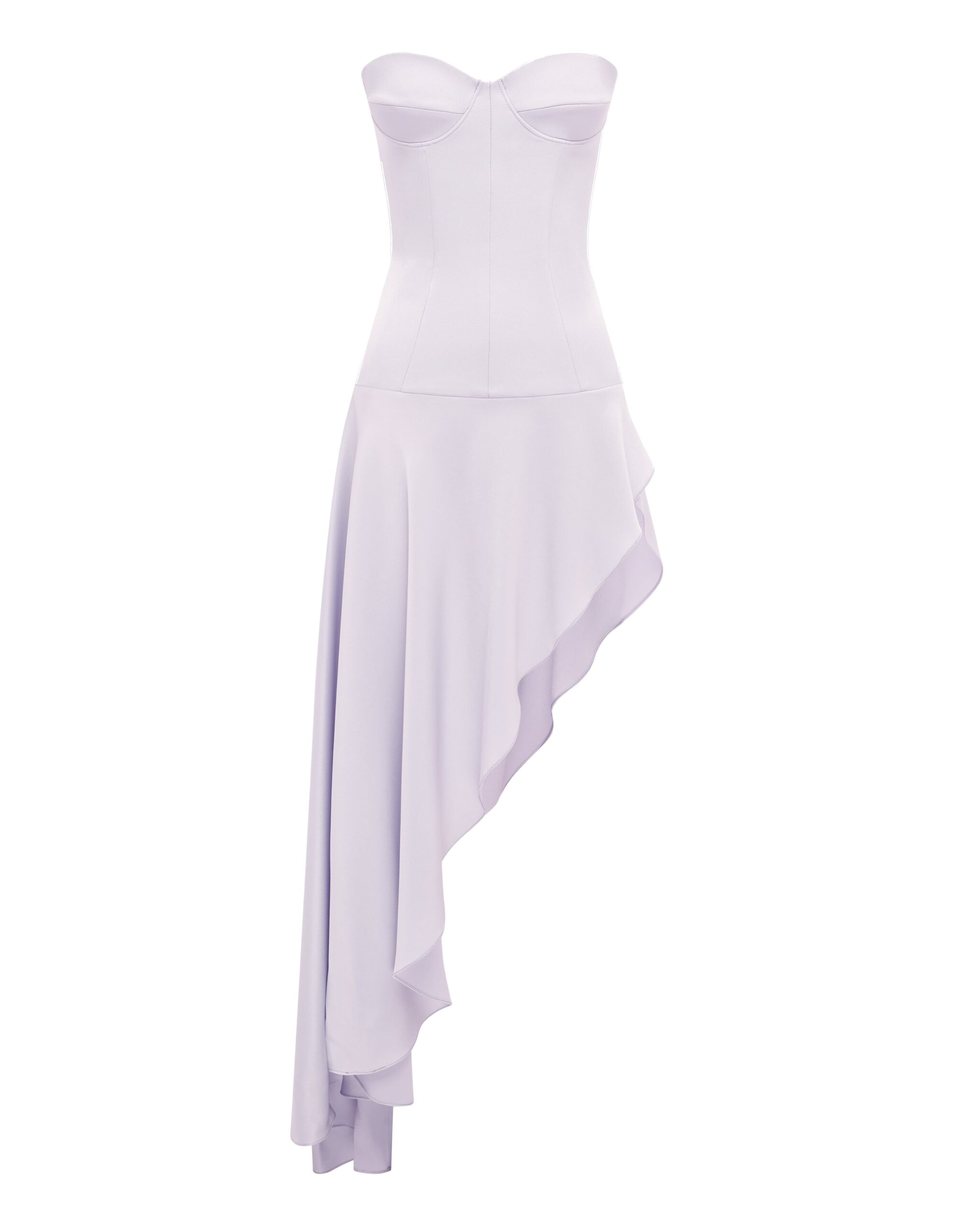 Alex Perry Strapless Cupped Longline Asymmetric Dress in Satin Crepe, Lavender Alex Perry Strapless Cupped Longline Asymmetric Dress in Satin Crepe, Lavender | Midi Dresses | Coveti