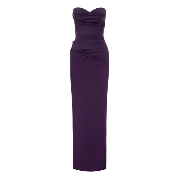 Strapless Sweetheart Drape Column in Satin Crepe, Blackberry