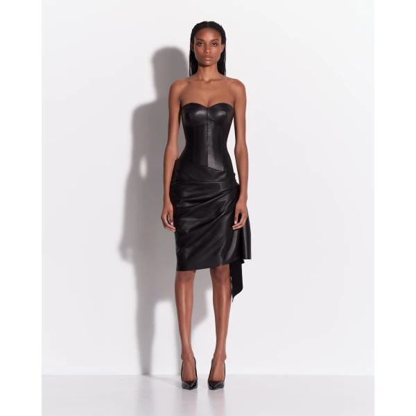 Alex Perry Strapless Sweetheart Drape Dress in Leather, Black