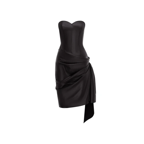 Strapless Sweetheart Drape Dress in Leather, Black