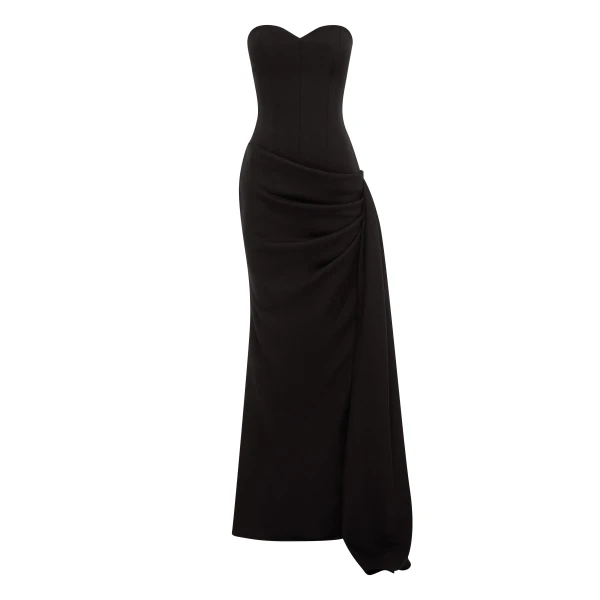 Alex Perry Strapless Sweetheart Drape Gown in Wool Suiting, Black | Evening Gowns | Coveti
