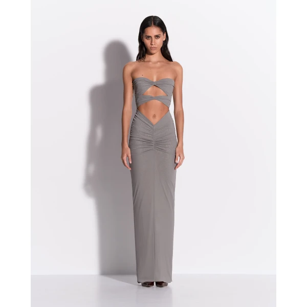 Alex Perry Strapless Sweetheart Ruched Column in Stretch Mesh, Grey