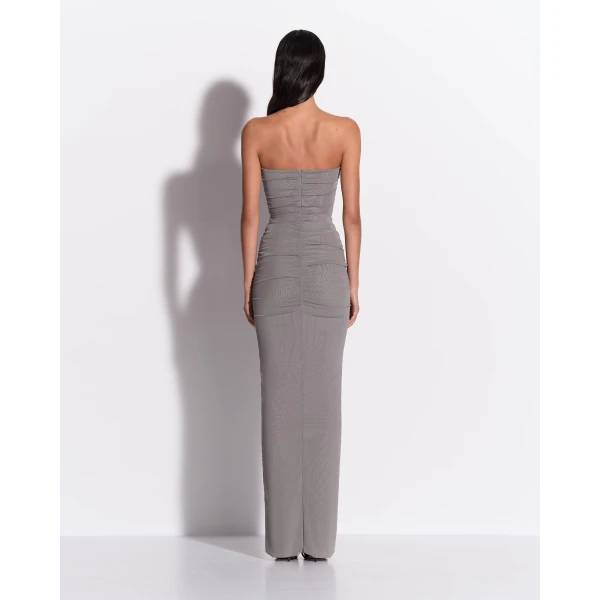 Alex Perry Strapless Sweetheart Ruched Column in Stretch Mesh, Grey