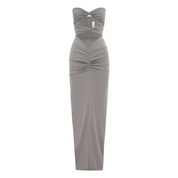 Strapless Sweetheart Ruched Column in Stretch Mesh, Grey