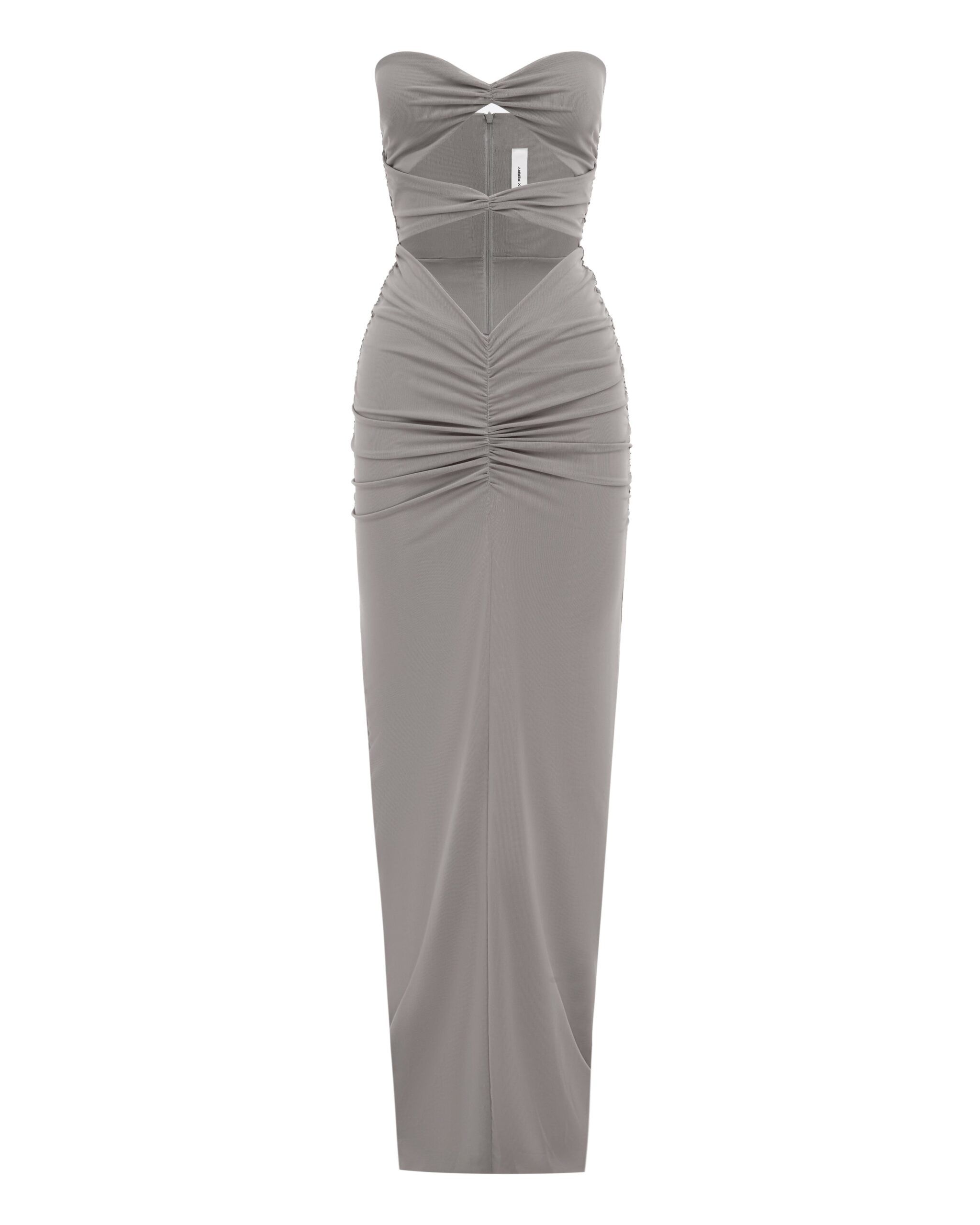 Alex Perry Strapless Sweetheart Ruched Column in Stretch Mesh, Grey Alex Perry Strapless Sweetheart Ruched Column in Stretch Mesh, Grey | Maxi Dresses | Coveti