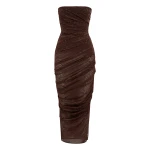 Alex Perry Strapless Tucked Dress in Leopard Lace, Brown | Midi Dresses | Coveti