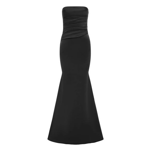 Strapless Tucked Gown in Satin Crepe, Black
