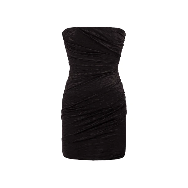 Alex Perry Strapless Tucked Mini Dress in Leopard Lace, Black | Mini Dresses | Coveti