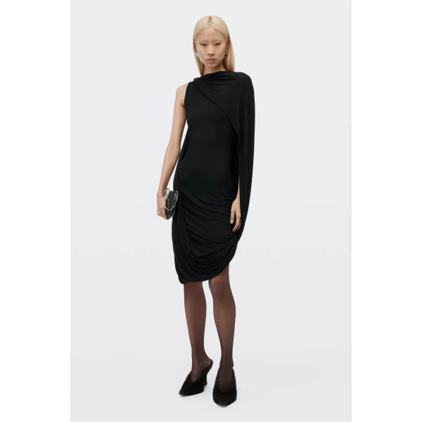 Alexander Wang Asymmetric Drape Midi Dress in Black | Midi Dresses | Coveti
