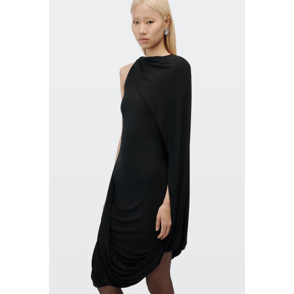Alexander Wang Asymmetric Drape Midi Dress in Black | Midi Dresses | Coveti