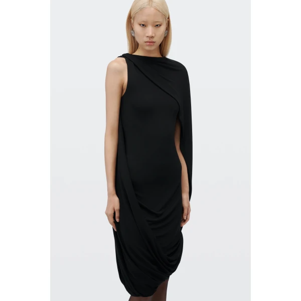 Alexander Wang Asymmetric Drape Midi Dress in Black | Midi Dresses | Coveti