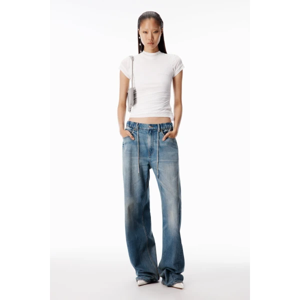 Alexander Wang Balloon Crystal Hotfix Drawcord Jogger in Tinted Medium Indigo | Sweatpants | Coveti