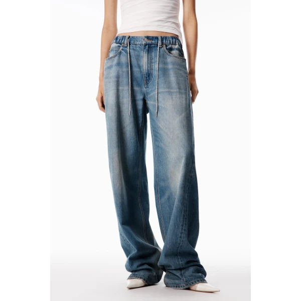 Alexander Wang Balloon Crystal Hotfix Drawcord Jogger in Tinted Medium Indigo | Sweatpants | Coveti