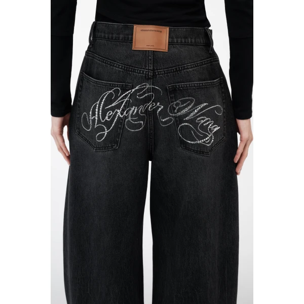 Alexander Wang Blow Up Crystal Hotfix Cursive Logo Pocket Jean in Grey Aged | Denim | Coveti