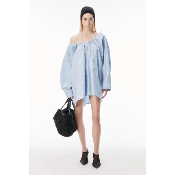 Alexander Wang Bungee Scoop Neck Mini Shirt Dress in Light Blue Stripe | Mini Dresses | Coveti