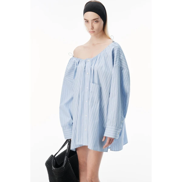 Alexander Wang Bungee Scoop Neck Mini Shirt Dress in Light Blue Stripe | Mini Dresses | Coveti