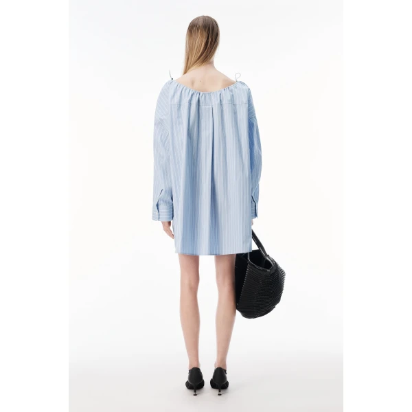 Alexander Wang Bungee Scoop Neck Mini Shirt Dress in Light Blue Stripe | Mini Dresses | Coveti