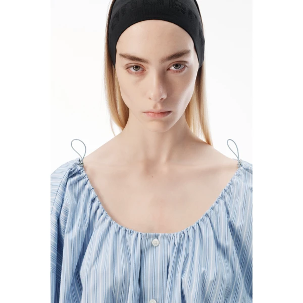 Alexander Wang Bungee Scoop Neck Mini Shirt Dress in Light Blue Stripe | Mini Dresses | Coveti