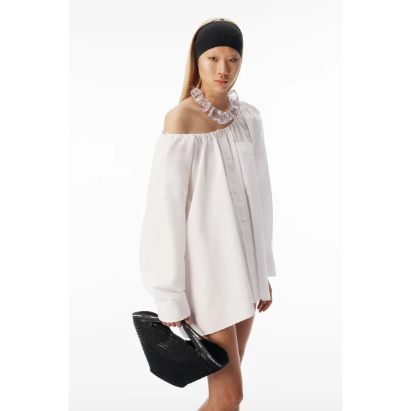 Alexander Wang Bungee Scoop Neck Mini Shirt Dress in White | Mini Dresses | Coveti