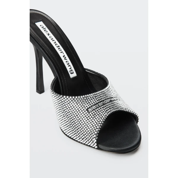 Alexander Wang Cher 105mm Crystal Hotfix Mule in Black and Silver | Mules | Coveti