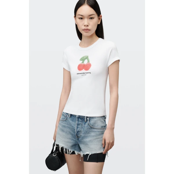 Alexander Wang Cherry Graphic Tee with Contrast Trim in White | T-shirts | Coveti