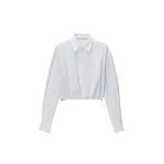 Alexander Wang Cropped Shirt with Adjustable Drawcord Hem in White and Blue Stripe | Coveti