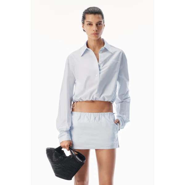Alexander Wang Cropped Shirt with Adjustable Drawcord Hem in White and Blue Stripe | Shirts | Coveti