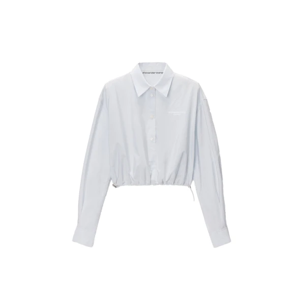 Alexander Wang Cropped Shirt with Adjustable Drawcord Hem in White and Blue Stripe | Coveti