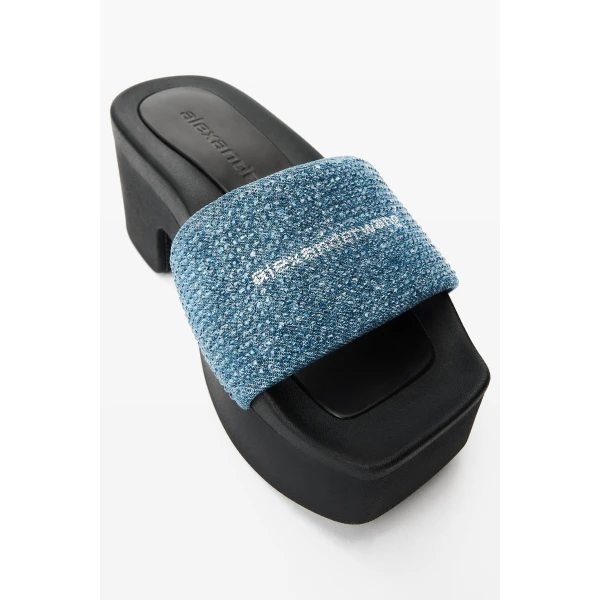 Alexander Wang Crystal Hotfix 85mm Denim Platform Slide in Vintage Medium Indigo | Flip Flops & Slides | Coveti