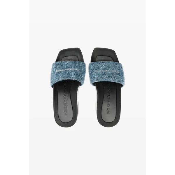 Alexander Wang Crystal Hotfix 85mm Denim Platform Slide in Vintage Medium Indigo | Flip Flops & Slides | Coveti