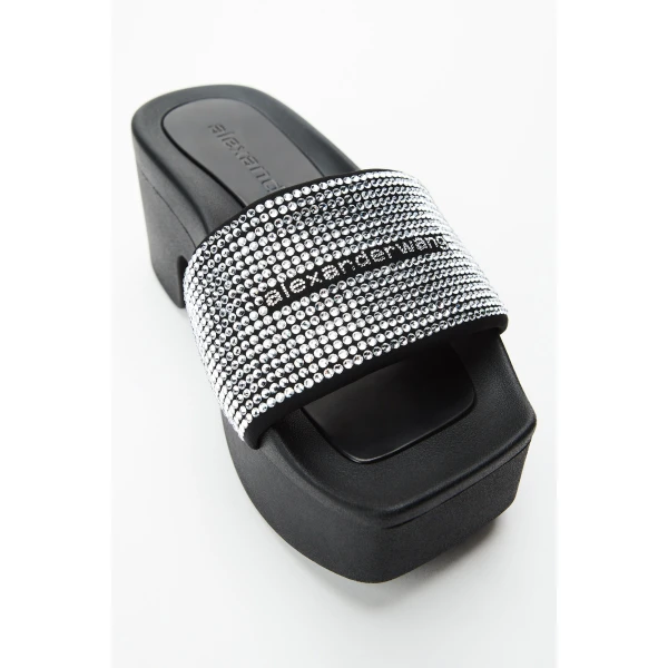 Alexander Wang Crystal Hotfix 85mm Platform Slide in Black and Silver | Flip Flops & Slides | Coveti