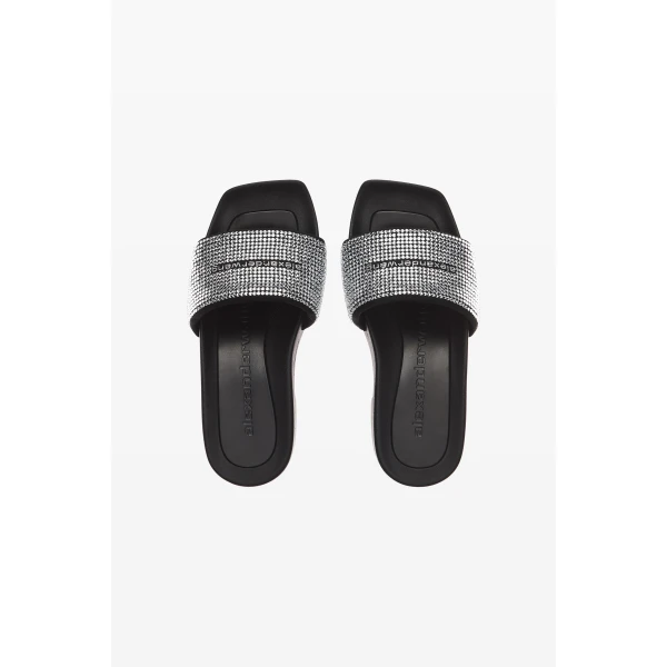 Alexander Wang Crystal Hotfix 85mm Platform Slide in Black and Silver | Flip Flops & Slides | Coveti