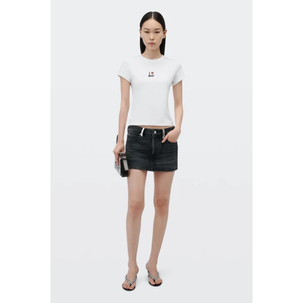 Alexander Wang Crystal Hotfix Belt Loop Denim Mini Skort in Grey Aged | Denim Skirts | Coveti