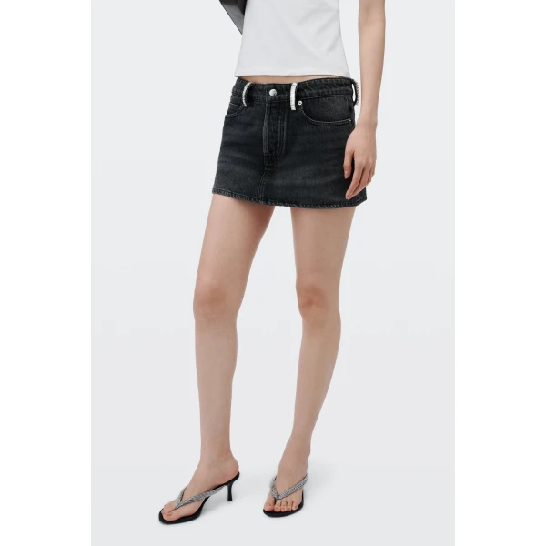 Alexander Wang Crystal Hotfix Belt Loop Denim Mini Skort in Grey Aged | Denim Skirts | Coveti