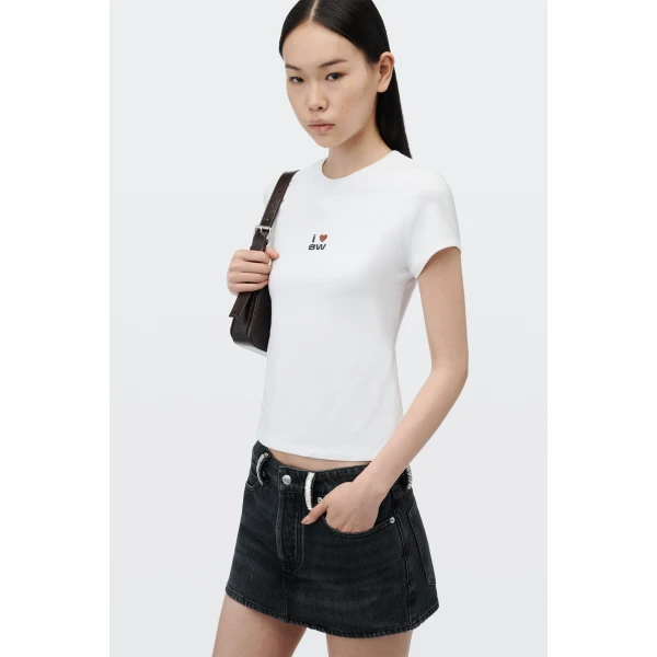 Alexander Wang Crystal Hotfix Belt Loop Denim Mini Skort in Grey Aged | Denim Skirts | Coveti