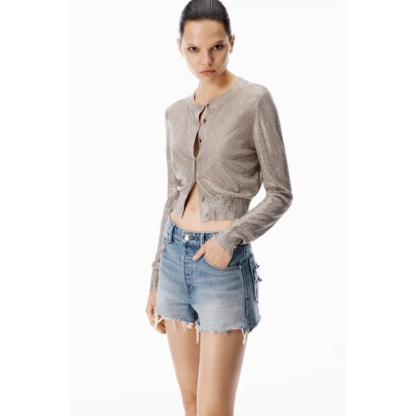 Alexander Wang Crystal Hotfix Cropped Cardigan in Champagne | Cardigan | Coveti