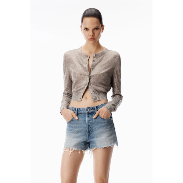 Alexander Wang Crystal Hotfix Cropped Cardigan in Champagne | Cardigan | Coveti