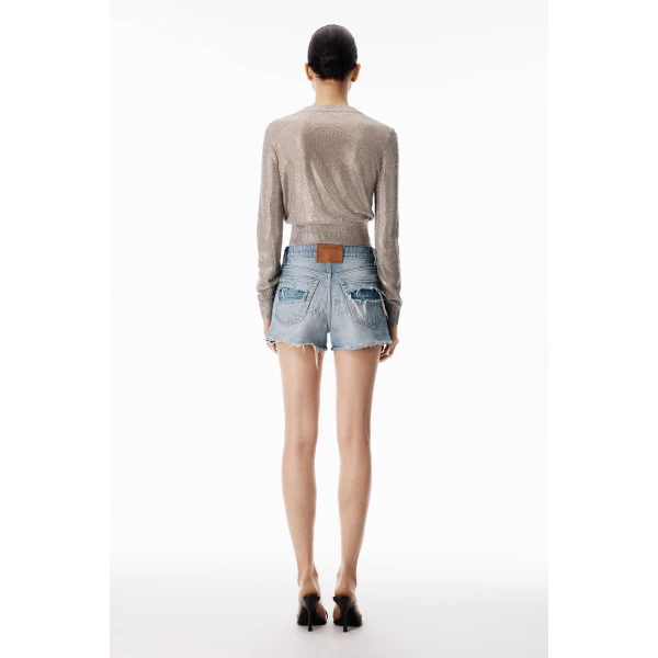 Alexander Wang Crystal Hotfix Cropped Cardigan in Champagne | Cardigan | Coveti
