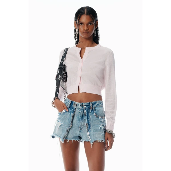 Alexander Wang Crystal Hotfix Cropped Cardigan in Light Pink | Cardigan | Coveti
