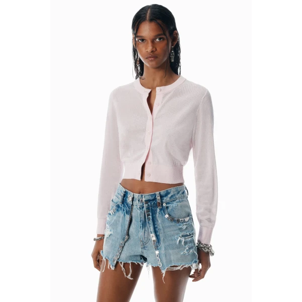 Alexander Wang Crystal Hotfix Cropped Cardigan in Light Pink | Cardigan | Coveti