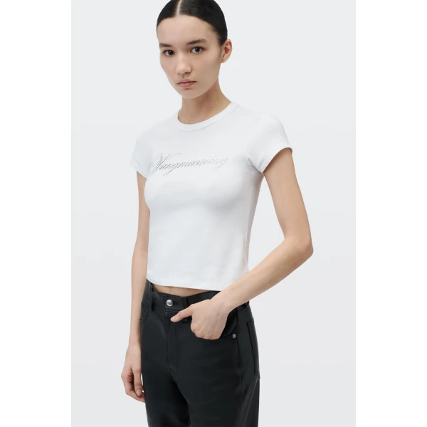 Alexander Wang Crystal Hotfix Cursive Logo Fitted Tee in White | T-shirts | Coveti