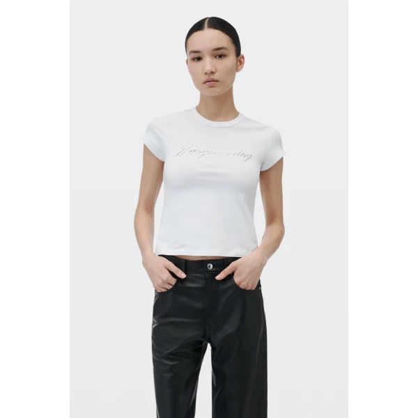 Alexander Wang Crystal Hotfix Cursive Logo Fitted Tee in White | T-shirts | Coveti