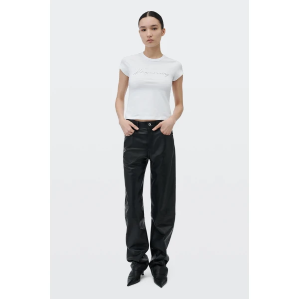 Alexander Wang Crystal Hotfix Cursive Logo Fitted Tee in White | T-shirts | Coveti