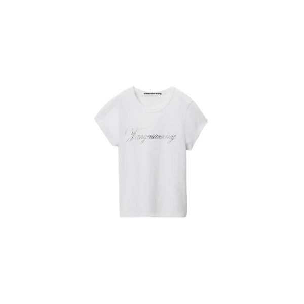 Alexander Wang Crystal Hotfix Cursive Logo Fitted Tee in White | Coveti