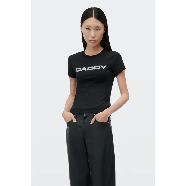 Alexander Wang Crystal Hotfix Daddy Graphic Fitted Tee in Black | T-shirts | Coveti
