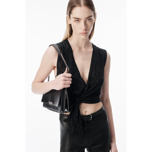 Alexander Wang Crystal Hotfix Deep V-Neck Knotted Tank in Black | Sleeveless | Coveti