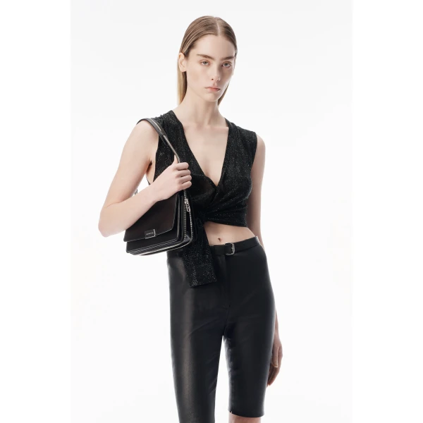 Alexander Wang Crystal Hotfix Deep V-Neck Knotted Tank in Black | Sleeveless | Coveti