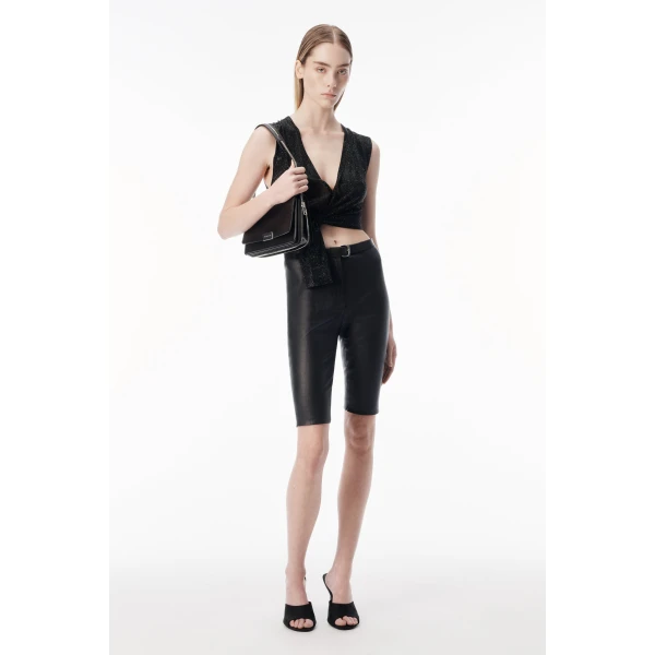 Alexander Wang Crystal Hotfix Deep V-Neck Knotted Tank in Black | Sleeveless | Coveti